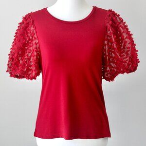 Mittoshop Red Sheer Textured Puff Short-Sleeve Preppy Cute Blouse Top Small